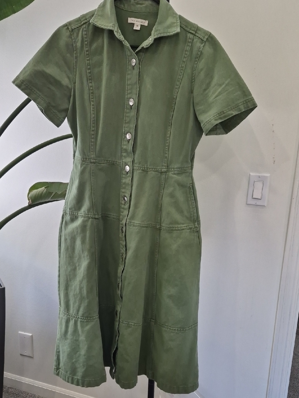 Short-Sleeve Olive Green Button-Front Midi Dress by Free People